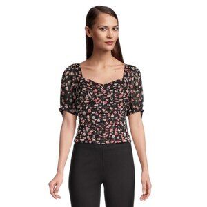 Karl‎ Lagerfeld Paris Black Floral Ruched Puff-Sleeve Sweetheart Blouse Top NWOT